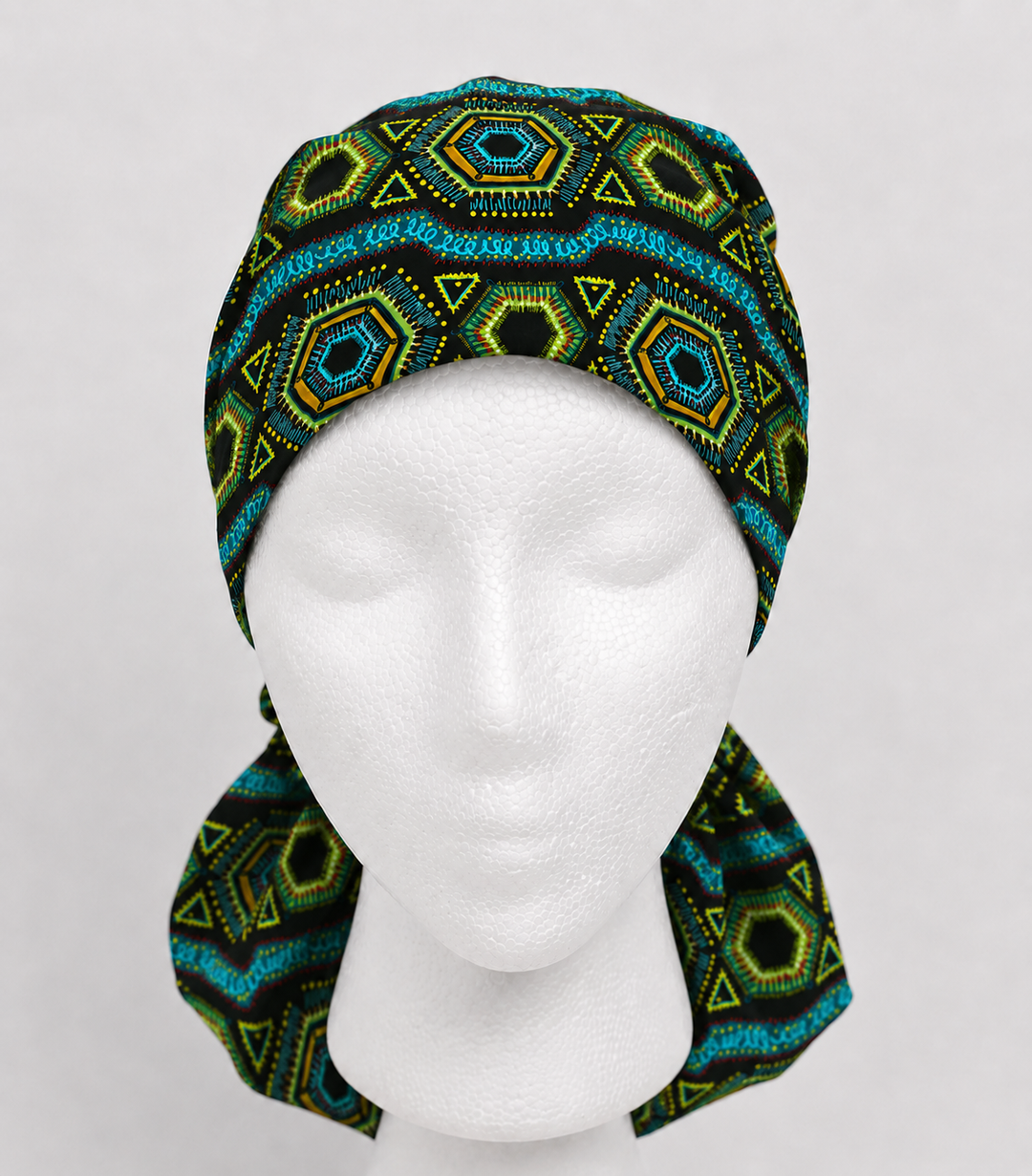 African Print Kente Ponytail Scrub Cap for Women, Blue Ghana Fabric Surgical Hat, XL Long Hair Medical Cap with Adjustable Fit and Satin Lining Available-front view