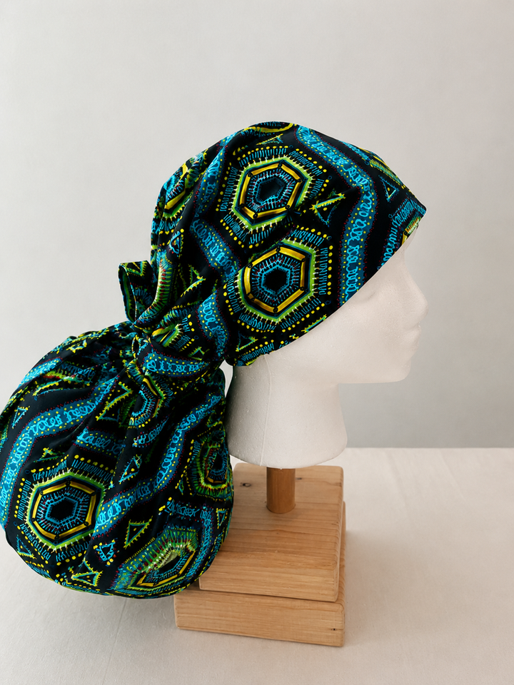 African Print Kente Ponytail Scrub Cap for Women, Blue Ghana Fabric Surgical Hat, XL Long Hair Medical Cap with Adjustable Fit and Satin Lining Available-side view 2