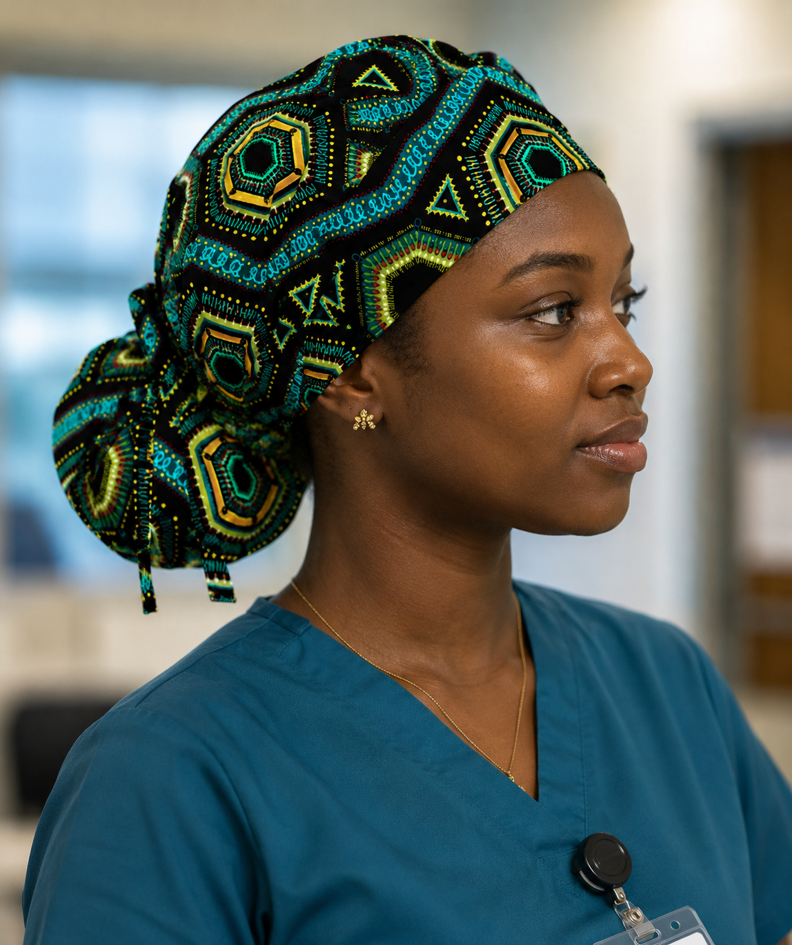 Nurse wearing Colorful Spirit African print ponytail scrub cap hospital setting bold geometric teal green gold surgical hat OR World