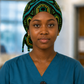 Colorful Spirit African print ponytail scrub cap front view bold geometric pattern black background teal green gold handmade surgical hat