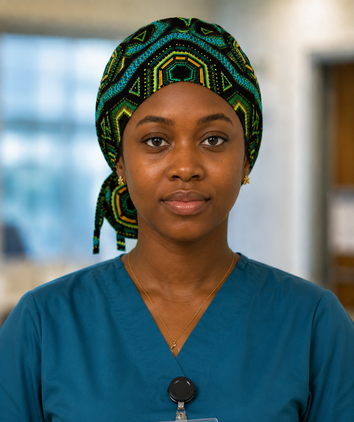 Colorful Spirit African print ponytail scrub cap front view bold geometric pattern black background teal green gold handmade surgical hat