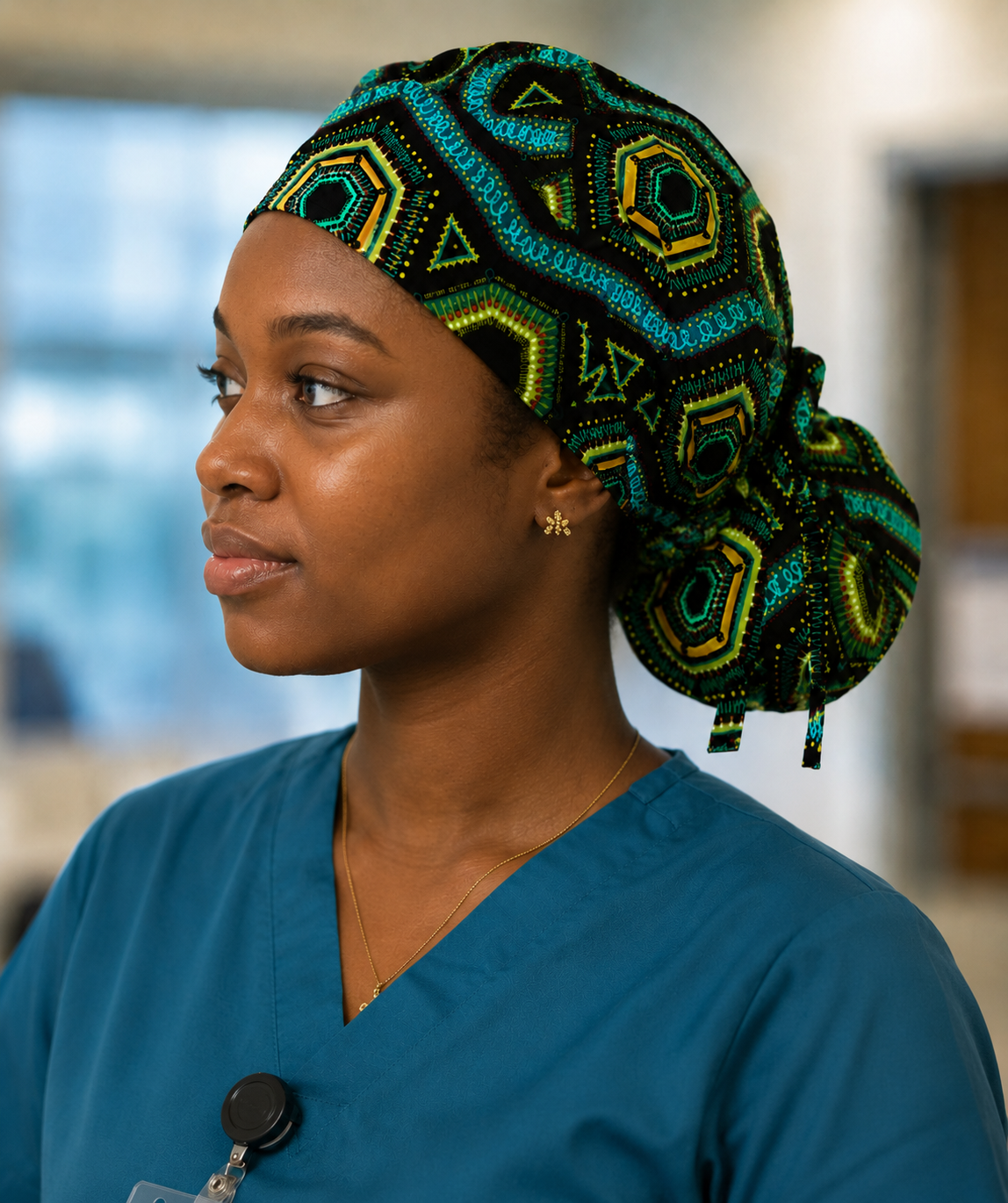 Colorful Spirit African print ponytail scrub cap side view showing ponytail pouch adjustable tie back surgical hat for nurses