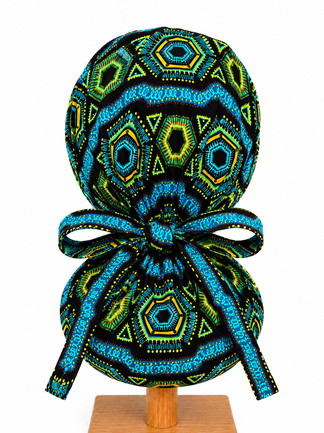 Blue African Kente Fabric XL Ponytail Scrub Cap, Women&