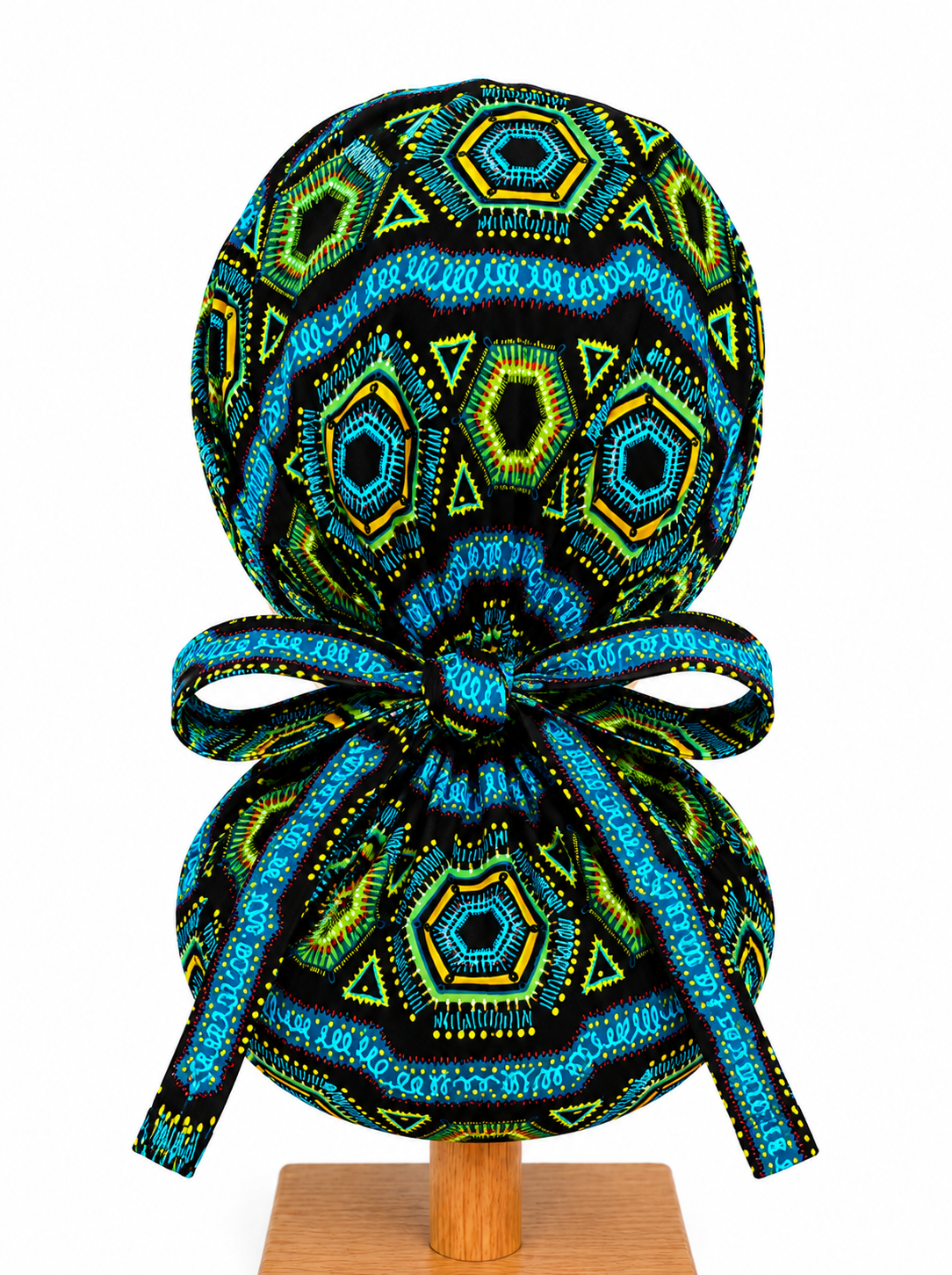 Blue African Kente Fabric XL Ponytail Scrub Cap, Women's Surgical Cap for Long Thick Hair, Handmade Ghana-Inspired Medical Hat, Satin Lining Available for Nurses, Surgeons and Healthcare Workers-back view
