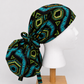 Blue African Kente Fabric XL Ponytail Scrub Cap, Women's Surgical Cap for Long Thick Hair, Handmade Ghana-Inspired Medical Hat, Satin Lining Available for Nurses, Surgeons and Healthcare Workers-side view 