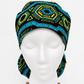 Blue African Kente Fabric XL Ponytail Scrub Cap, Women's Surgical Cap for Long Thick Hair, Handmade Ghana-Inspired Medical Hat, Satin Lining Available for Nurses, Surgeons and Healthcare Workers front view