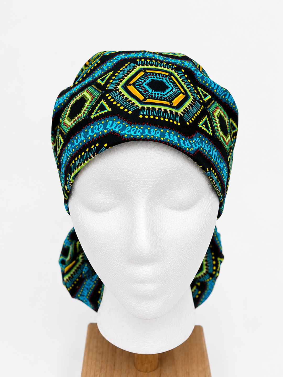 Blue African Kente Fabric XL Ponytail Scrub Cap, Women&