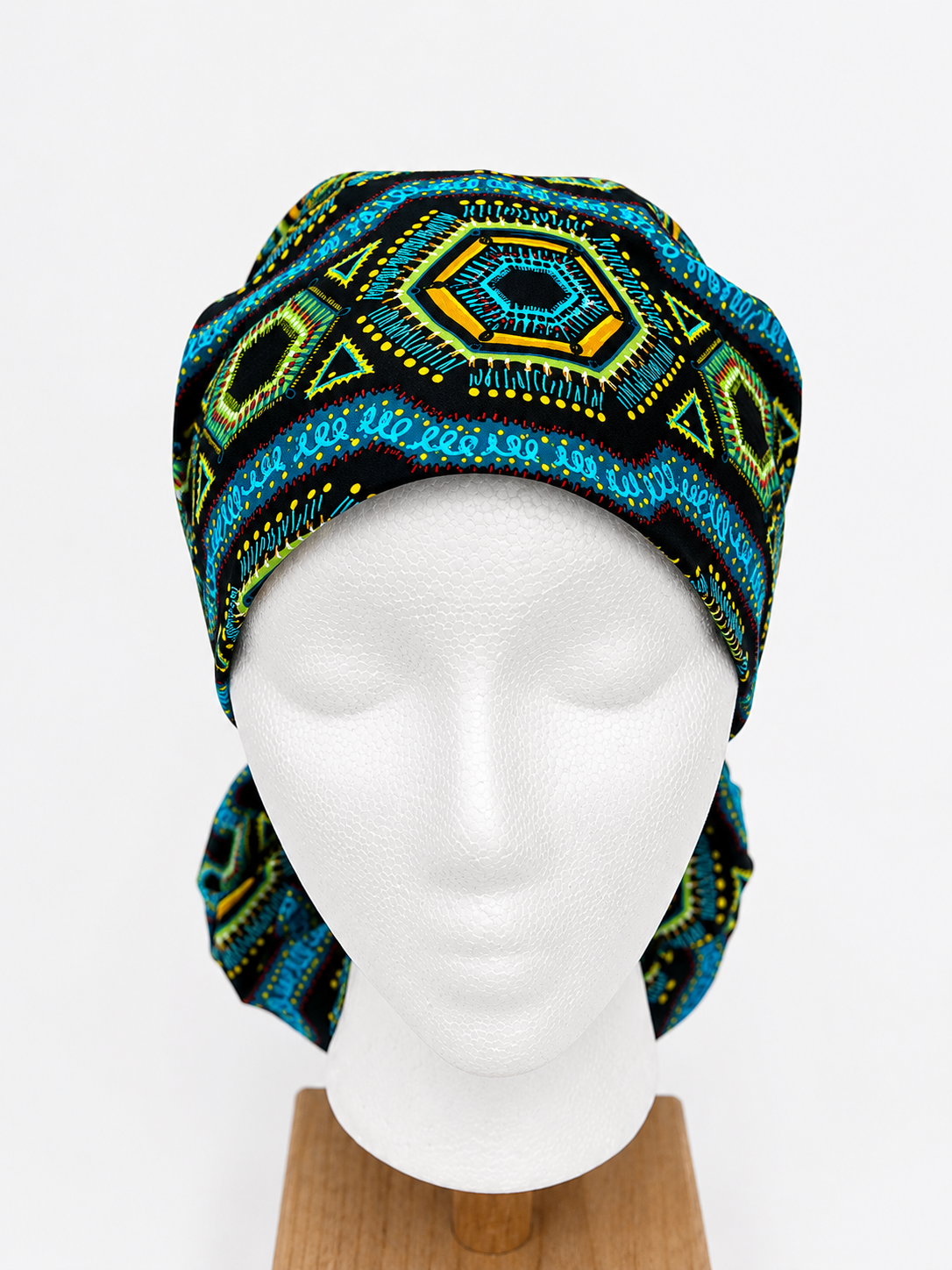 Blue African Kente Fabric XL Ponytail Scrub Cap, Women's Surgical Cap for Long Thick Hair, Handmade Ghana-Inspired Medical Hat, Satin Lining Available for Nurses, Surgeons and Healthcare Workers front view