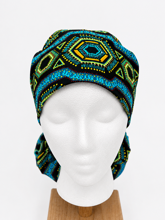 Blue African Kente Fabric XL Ponytail Scrub Cap, Women's Surgical Cap for Long Thick Hair, Handmade Ghana-Inspired Medical Hat, Satin Lining Available for Nurses, Surgeons and Healthcare Workers front view