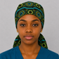 African Print Kente Ponytail Scrub Cap for Women, Blue Ghana Fabric Surgical Hat, XL Long Hair Medical Cap with Adjustable Fit and Satin Lining Available-front view with model 