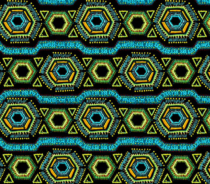 Bold African geometric print fabric close up teal blue lime green gold hexagon triangle pattern Colorful Spirit scrub cap OR World