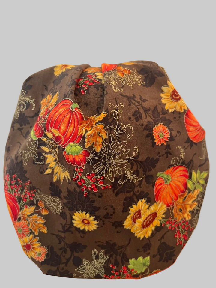 Bouffant Scrub Cap Fall Harvest Floral Adjustable Surgical Hat | Autumn Nurse Cap, Pumpkin &amp; Sunflower OR Cap | Back View