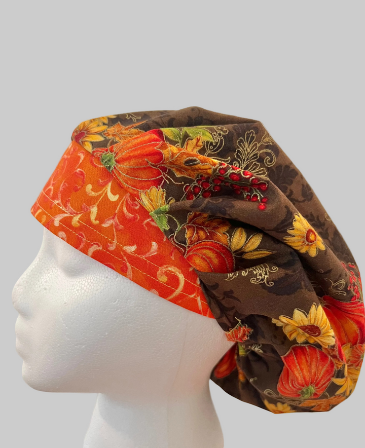 Bouffant Scrub Cap Fall Harvest Floral Adjustable Surgical Hat | Autumn Nurse Cap, Pumpkin &amp; Sunflower OR Cap |Side View 1