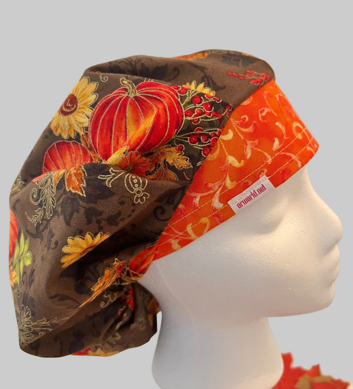 Bouffant Scrub Cap Fall Harvest Floral Adjustable Surgical Hat | Autumn Nurse Cap, Pumpkin &amp; Sunflower OR Cap | Side View 2