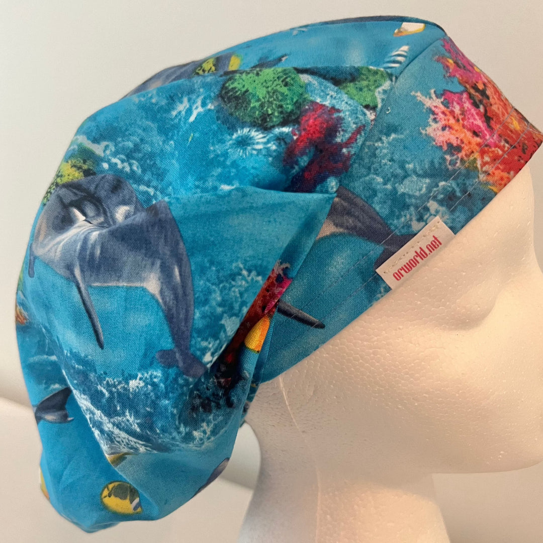 Dolphin Ocean Bouffant Scrub Cap – Sea Life Surgical Cap, Coral Reef Nurse Hat, Underwater Marine Medical Cap
