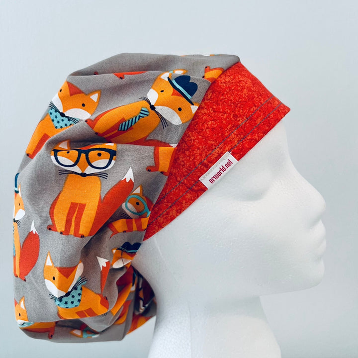Foxy Foxes bouffant scrub cap flat front, gray fabric with foxes in hats and glasses, handmade surgical hat, OR World