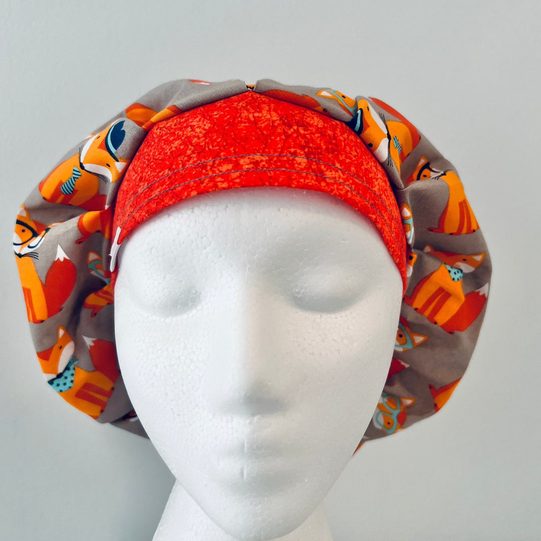 Foxy Foxes bouffant scrub cap back view with elastic adjustable fit, nurse bouffant hat, OR World