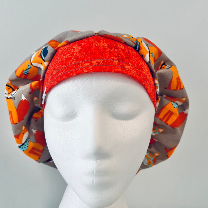 Foxy Foxes bouffant scrub cap back view with elastic adjustable fit, nurse bouffant hat, OR World