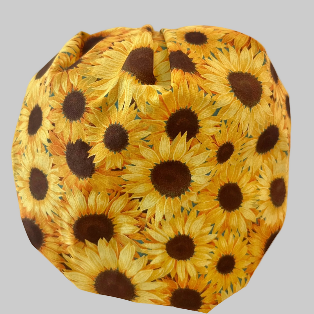 Bouffant Sunflower Scrub Cap | Fall Floral Surgical Hat with Yellow Front Band | Adjustable OR Cap for Nurses &amp; Surgeons | Satin Lining Option | Back View