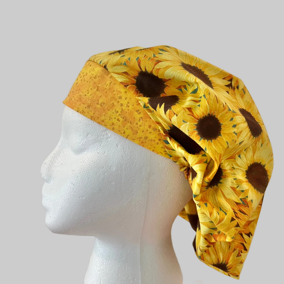 Bouffant Sunflower Scrub Cap | Fall Floral Surgical Hat with Yellow Front Band | Adjustable OR Cap for Nurses &amp; Surgeons | Satin Lining Option | Side View 2