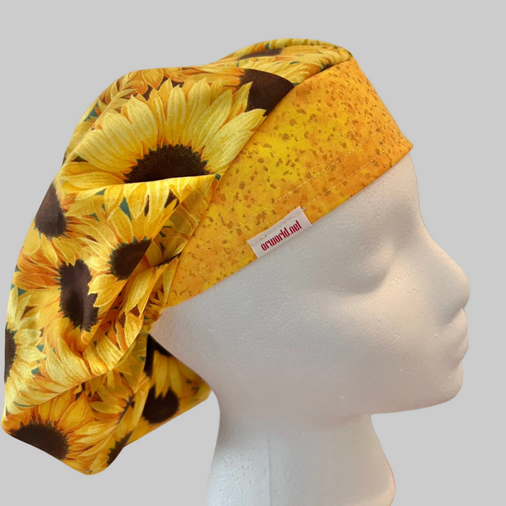 Bouffant Sunflower Scrub Cap | Fall Floral Surgical Hat with Yellow Front Band | Adjustable OR Cap for Nurses &amp; Surgeons | Satin Lining Option | Side View 2