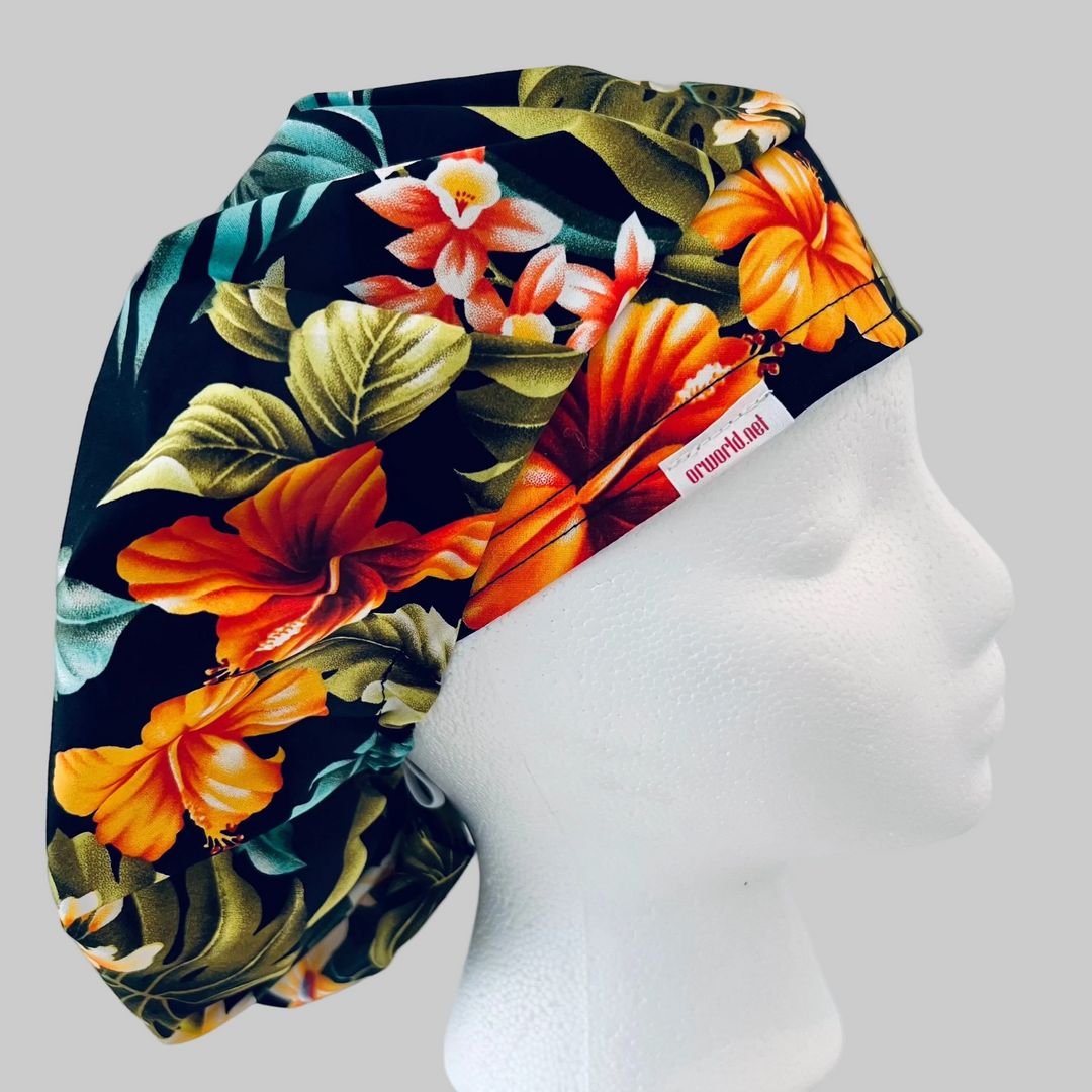 Tropical Floral Bouffant Scrub Cap – Bright Hibiscus Surgical Cap | OR Nurse Hat | Adjustable Women’s Scrub Cap