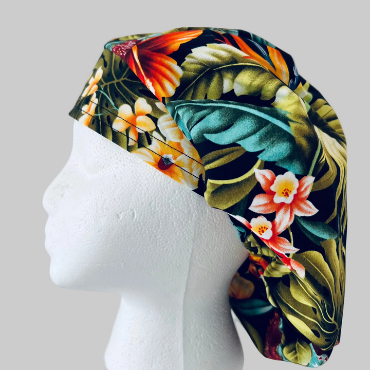 Tropical Floral Bouffant Scrub Cap – Bright Hibiscus Surgical Cap | OR Nurse Hat | Adjustable Women’s Scrub Cap