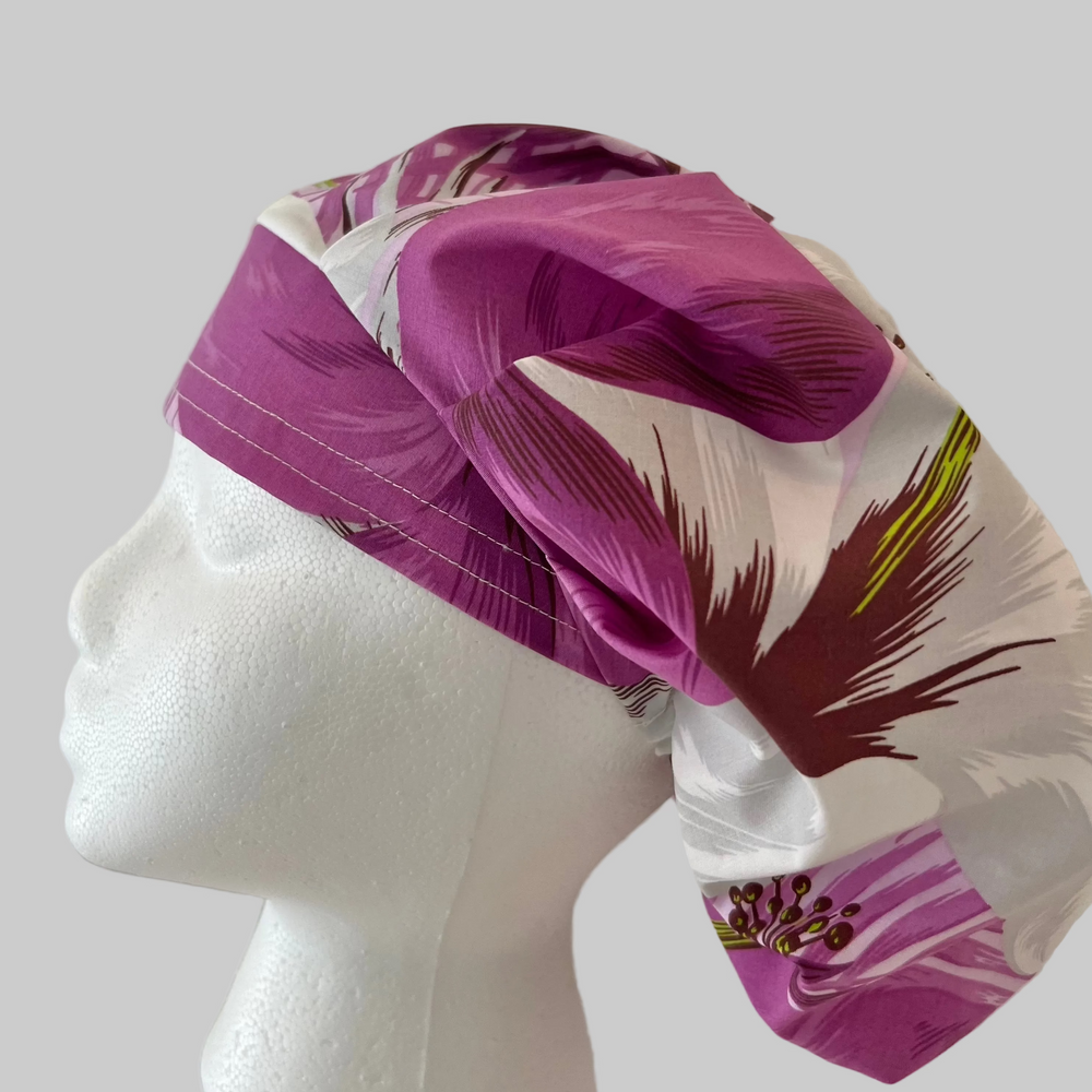 Purple Tropical Floral Bouffant Scrub Cap | Women’s Surgical Hat | Adjustable Nurse Cap