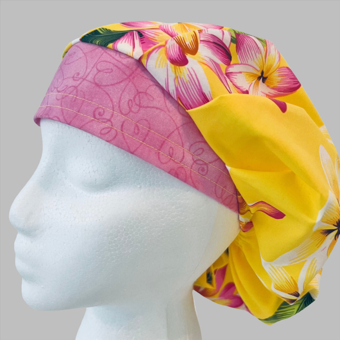Hawaiian Bouffant Scrub Cap – Tropical Floral Surgical Hat, Yellow Pink Nurse Cap, L&D, OR, Friendly