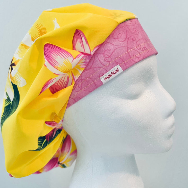 Hawaiian Bouffant Scrub Cap – Tropical Floral Surgical Hat, Yellow Pink Nurse Cap, L&amp;D, OR, Friendly
