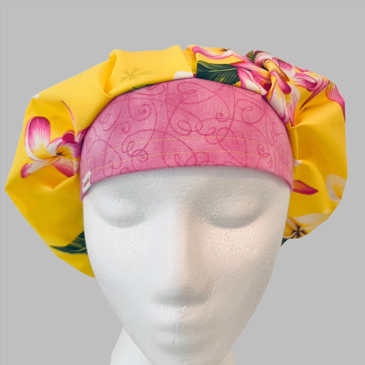 Hawaiian Bouffant Scrub Cap – Tropical Floral Surgical Hat, Yellow Pink Nurse Cap, L&amp;D, OR, Friendly