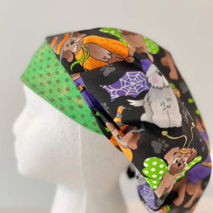 Halloween Dog Scrub Cap | Cute Costume Dogs Fall Surgical Cap, Halloween Nurse Hat, Autumn OR Scrub Cap | left side view