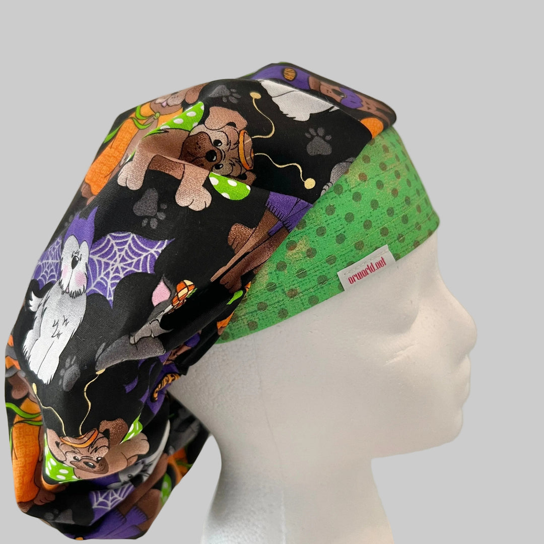 Halloween Dog Scrub Cap | Cute Costume Dogs Fall Surgical Cap, Halloween Nurse Hat, Autumn OR Scrub Cap | right side view