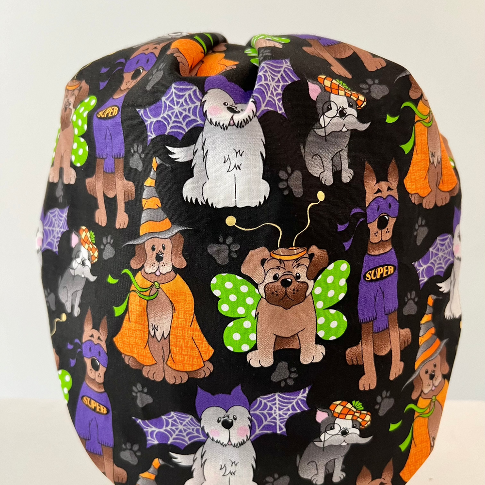 Halloween Dog Scrub Cap | Cute Costume Dogs Fall Surgical Cap, Halloween Nurse Hat, Autumn OR Scrub Cap | back view
