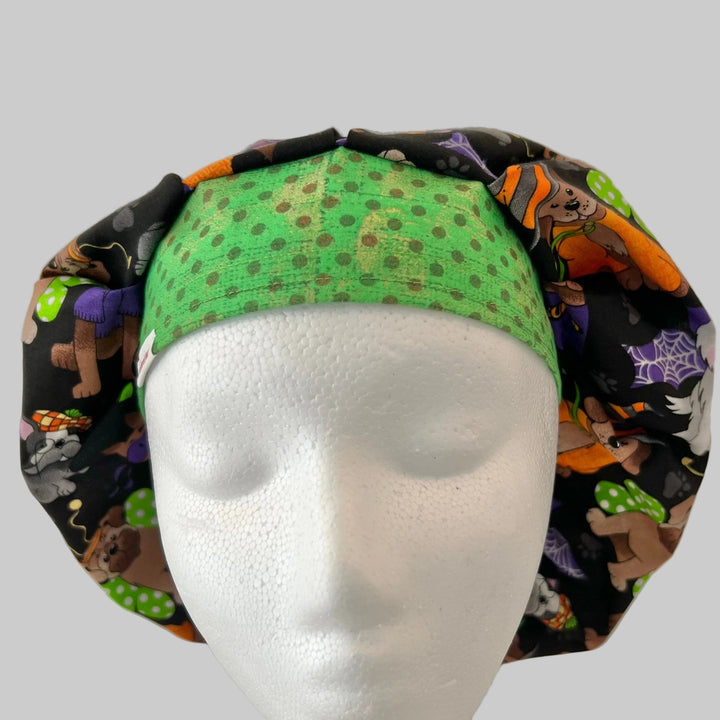 Halloween Dog Scrub Cap | Cute Costume Dogs Fall Surgical Cap, Halloween Nurse Hat, Autumn OR Scrub Cap | front view