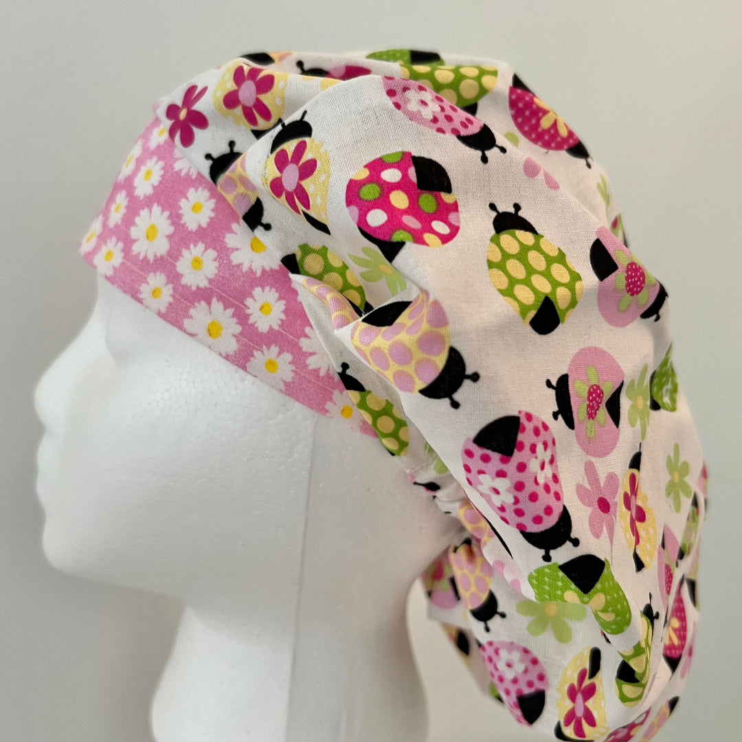 Ladybug Bouffant Scrub Cap – Daisy Floral Surgical Hat for Thick Hair | Adjustable Nurse Scrub Hat
