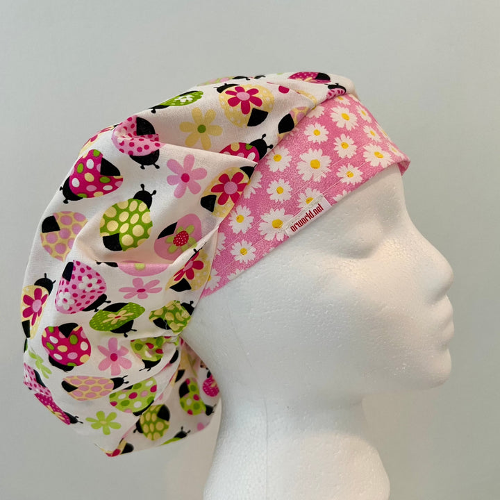 Ladybug Bouffant Scrub Cap – Daisy Floral Surgical Hat for Thick Hair | Adjustable Nurse Scrub Hat