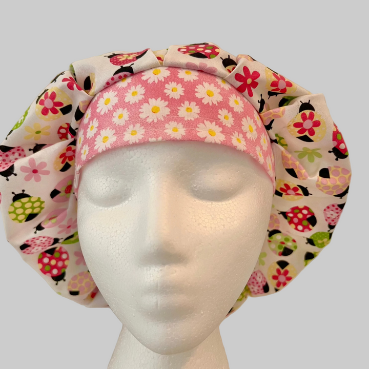 Ladybug Bouffant Scrub Cap – Daisy Floral Surgical Hat for Thick Hair | Adjustable Nurse Scrub Hat