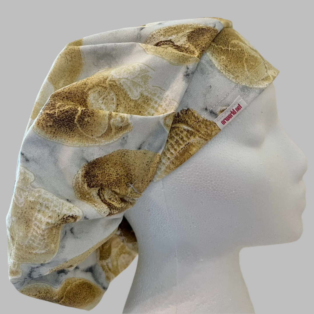 Fossil Skull Bouffant Scrub Cap – Neutral Bone Pattern Surgical Hat – Earth Tone Nurse Cap – OR Hat for Long Hair