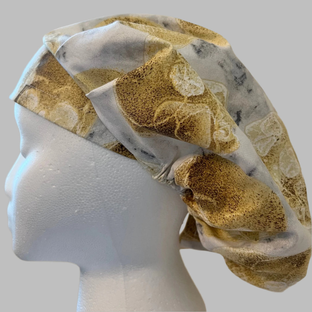 Fossil Skull Bouffant Scrub Cap – Neutral Bone Pattern Surgical Hat – Earth Tone Nurse Cap – OR Hat for Long Hair