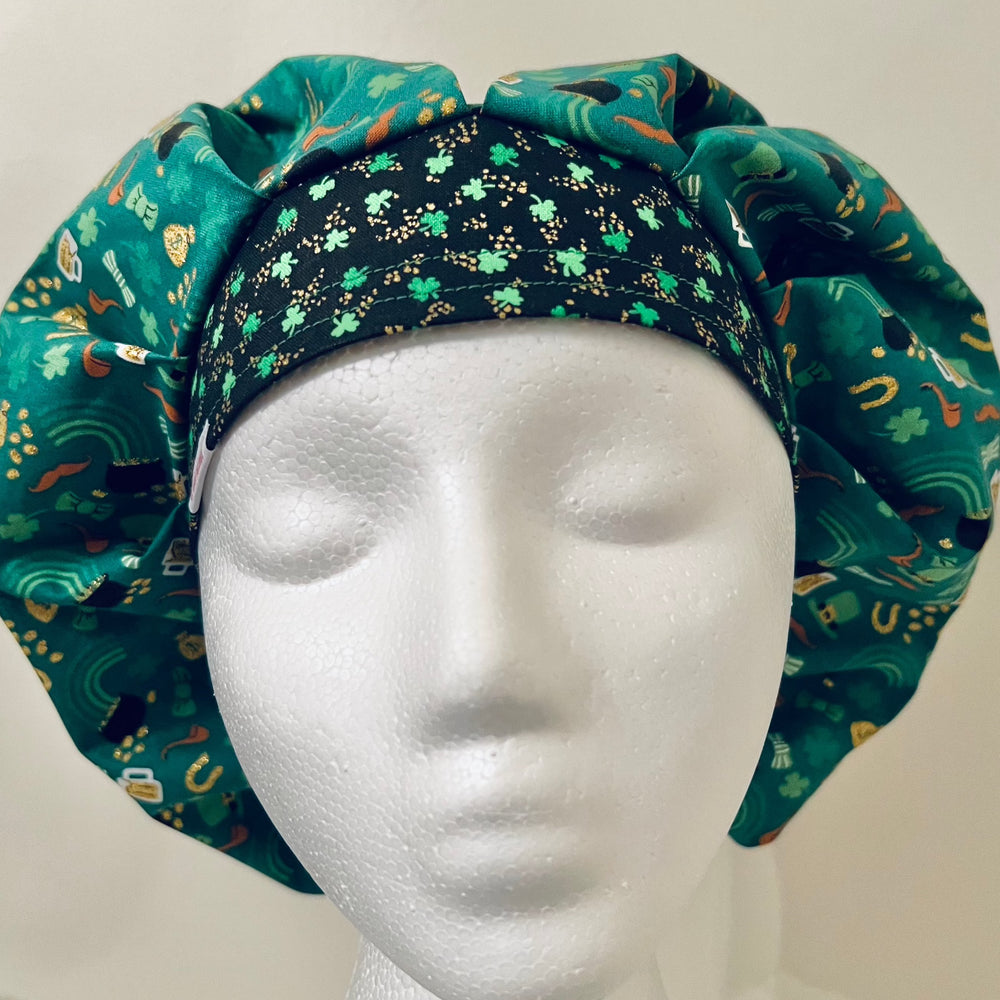 St. Patrick's Day lucky bouffant scrub cap with green clover band, front view, festive Irish surgical hat, OR World