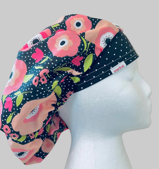 Petals & Polka Dots | Black Polka Dot Floral Scrub Cap Bouffant Nurse Hat