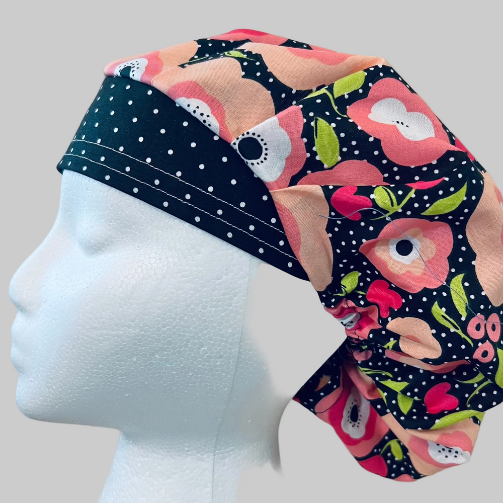Petals & Polka Dots | Black Polka Dot Floral Scrub Cap Bouffant Nurse Hat