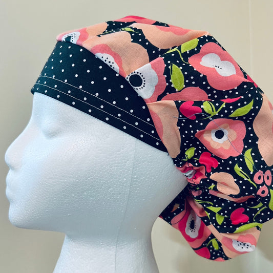 Bouffant - Pink flowers with polka dots