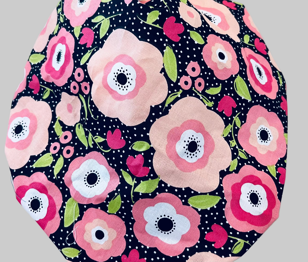 Petals &amp; Polka Dots | Black Polka Dot Floral Scrub Cap Bouffant Nurse Hat