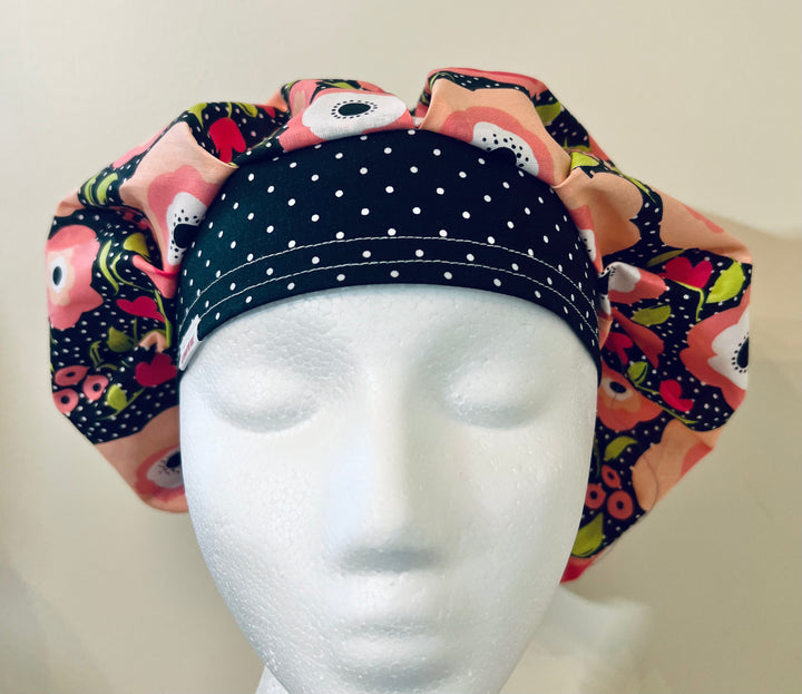 Petals &amp; Polka Dots | Black Polka Dot Floral Scrub Cap Bouffant Nurse Hat