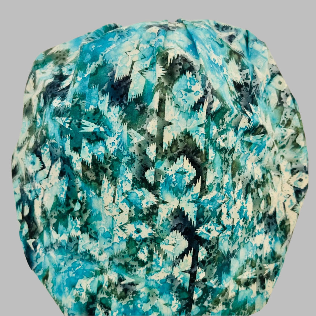 Vintage icicle geometric bouffant scrub cap in aqua, white &amp; dark green — handmade-in-USA OR World winter surgical hat for women.