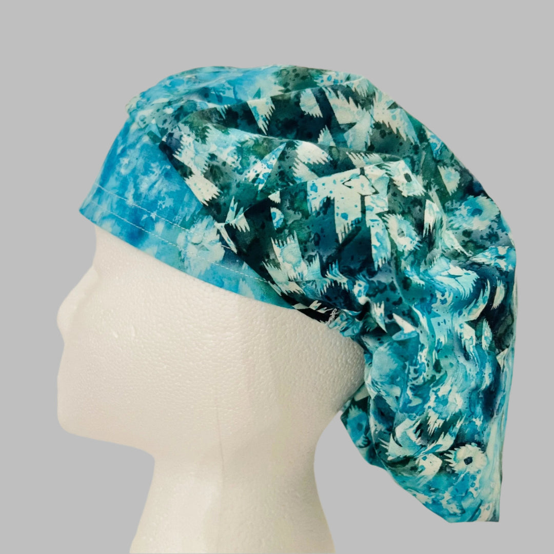 Aqua &amp; white winter icicle bouffant scrub cap — handmade-in-USA surgical hat, cozy winter gift for OR nurses &amp; surgeons.