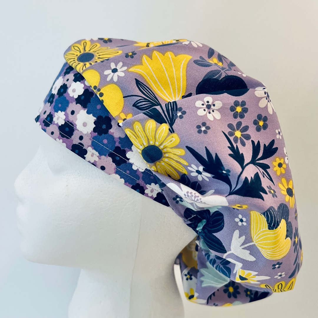 Lavender Floral  Bouffant Scrub Cap – Yellow Flower Surgical Hat, Adjustable Women’s Scrub Cap, Nurse Gift, OR Cap