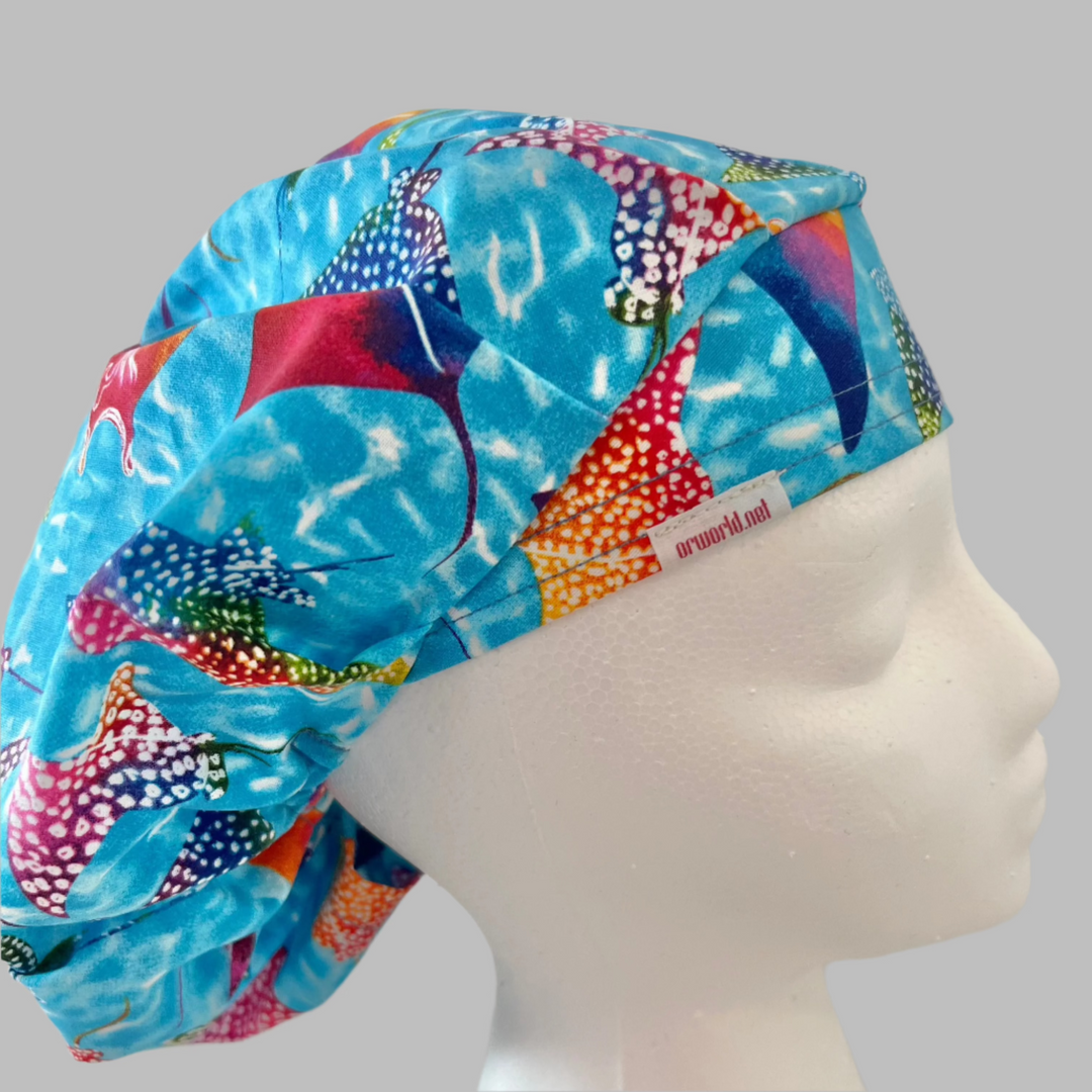 Colorful Manta Ray Bouffant Scrub Cap – Ocean Stingray Surgical Cap, Sea Life Nurse Hat, Underwater Marine Theme